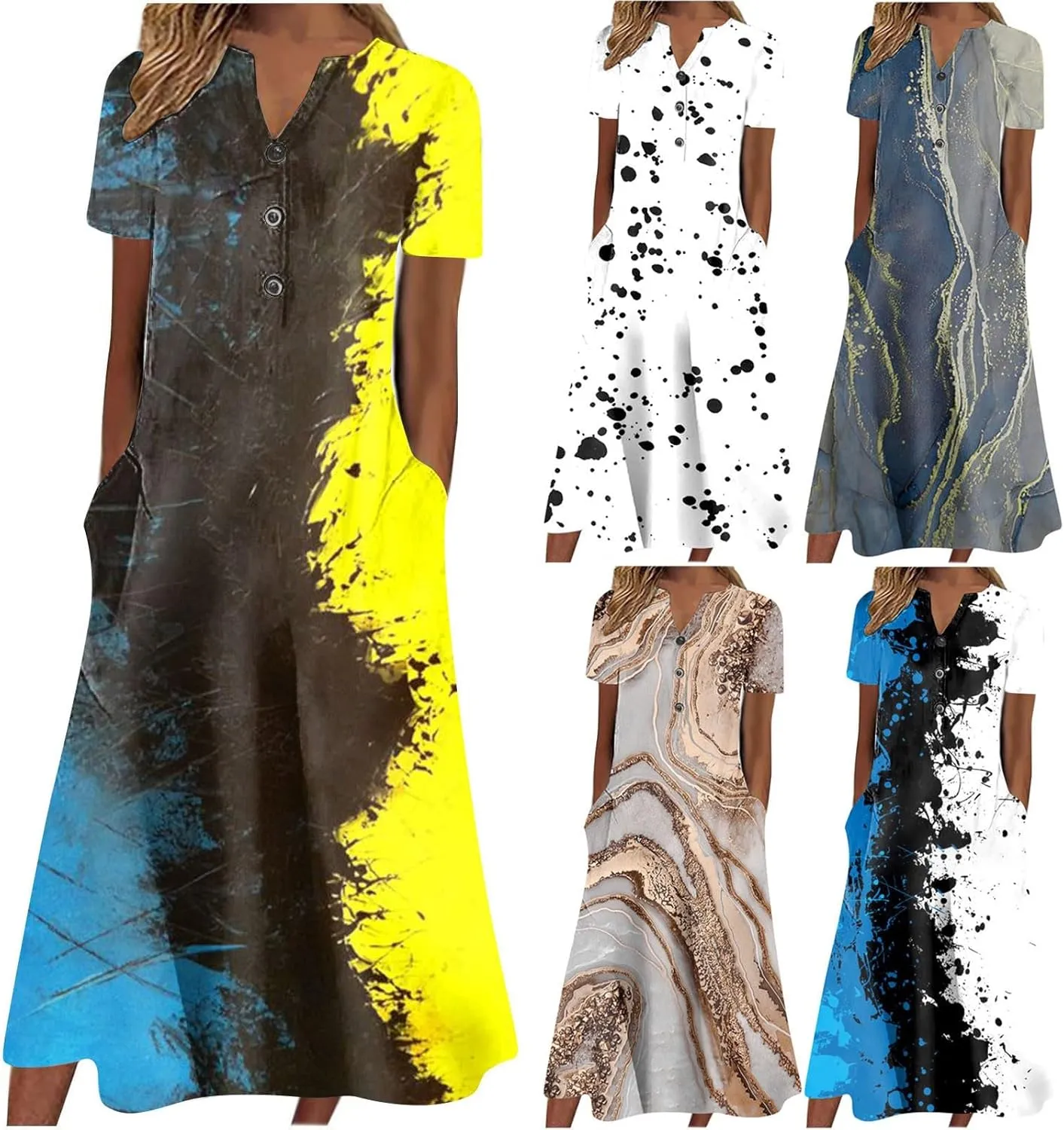 Short Sleeve Dress for Women 2025 Casual Floral Summer Maxi Dresses Button V Neck Flowy Beach Vacation Sundress
