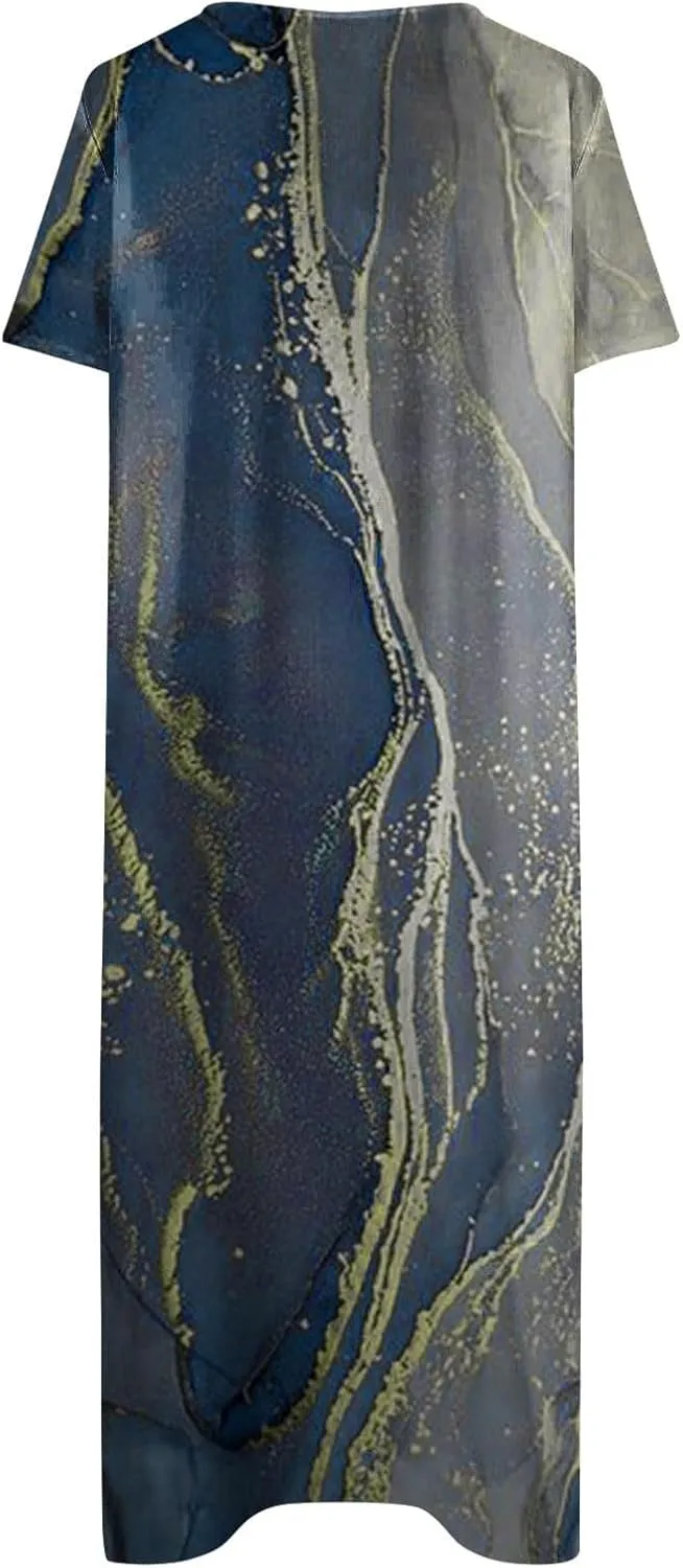Short Sleeve Dress for Women 2025 Casual Floral Summer Maxi Dresses Button V Neck Flowy Beach Vacation Sundress