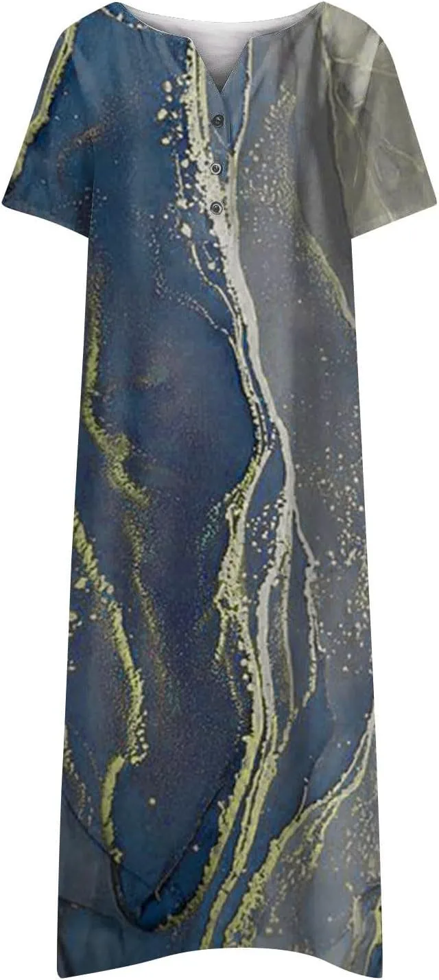 Short Sleeve Dress for Women 2025 Casual Floral Summer Maxi Dresses Button V Neck Flowy Beach Vacation Sundress