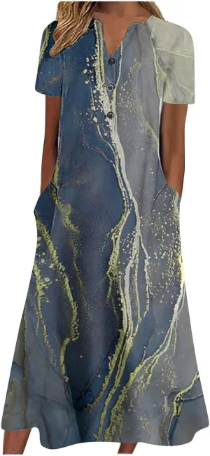 Short Sleeve Dress for Women 2025 Casual Floral Summer Maxi Dresses Button V Neck Flowy Beach Vacation Sundress