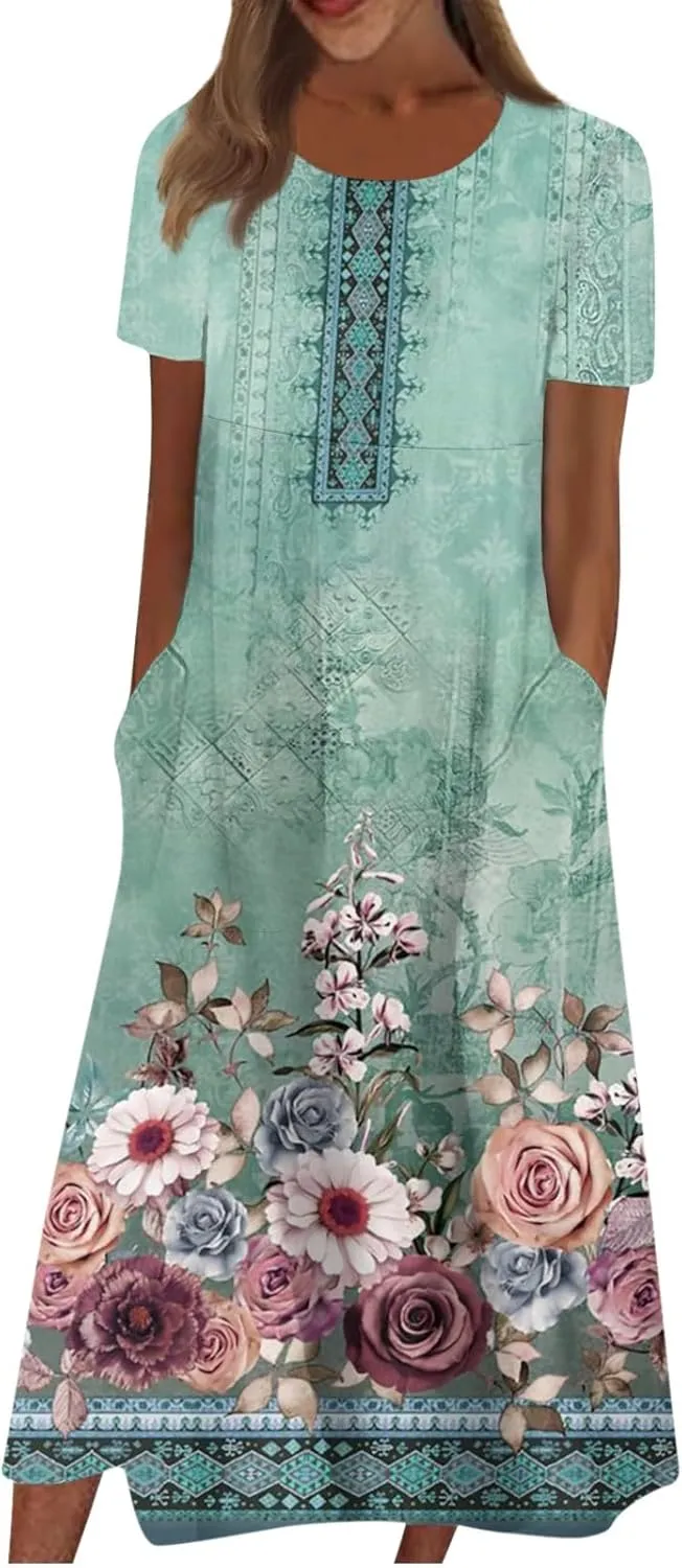 Short Sleeve Dress Womens Summer Round Neck Basic Dresses Floral Print 2024 Loose Ladies Pocket Daily Midi Dresses