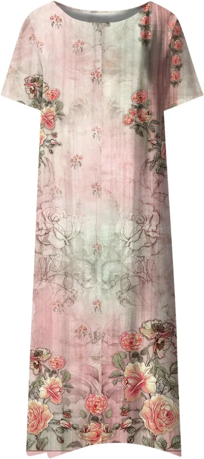 Short Sleeve Dress Womens Summer Round Neck Basic Dresses Floral Print 2024 Loose Ladies Pocket Daily Midi Dresses