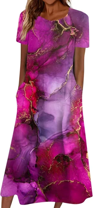 Short Sleeve Dress Womens Summer Round Neck Basic Dresses Floral Print 2024 Loose Ladies Pocket Daily Midi Dresses