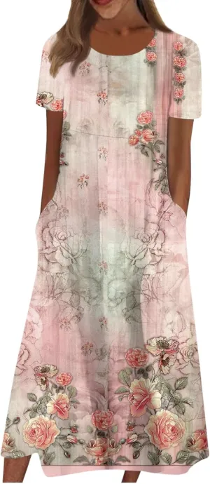 Short Sleeve Dress Womens Summer Round Neck Basic Dresses Floral Print 2024 Loose Ladies Pocket Daily Midi Dresses