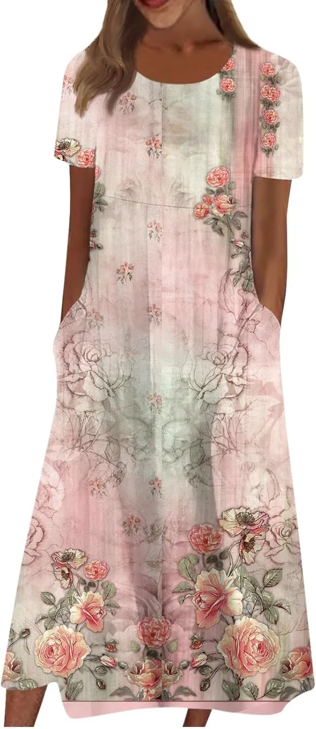 Short Sleeve Dress Womens Summer Round Neck Basic Dresses Floral Print 2024 Loose Ladies Pocket Daily Midi Dresses