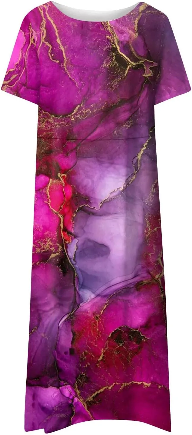 Short Sleeve Dress Womens Summer Round Neck Basic Dresses Floral Print 2024 Loose Ladies Pocket Daily Midi Dresses