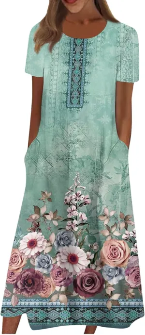 Short Sleeve Dress Womens Summer Round Neck Basic Dresses Floral Print 2024 Loose Ladies Pocket Daily Midi Dresses