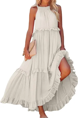 Smocked Dress Women Summer Sleeveless Tank Halter Tie Back Loose Flowy Ruffle Tiered Maxi Dress with Pockets