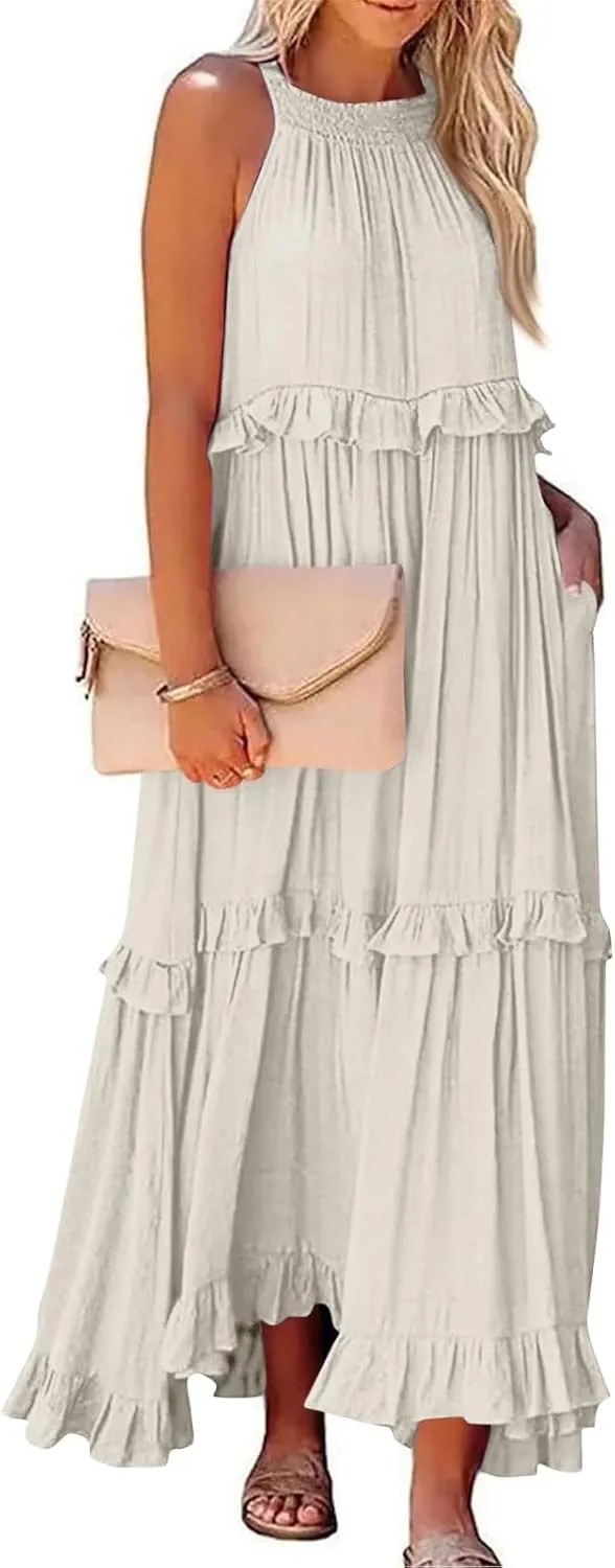 Smocked Dress Women Summer Sleeveless Tank Halter Tie Back Loose Flowy Ruffle Tiered Maxi Dress with Pockets