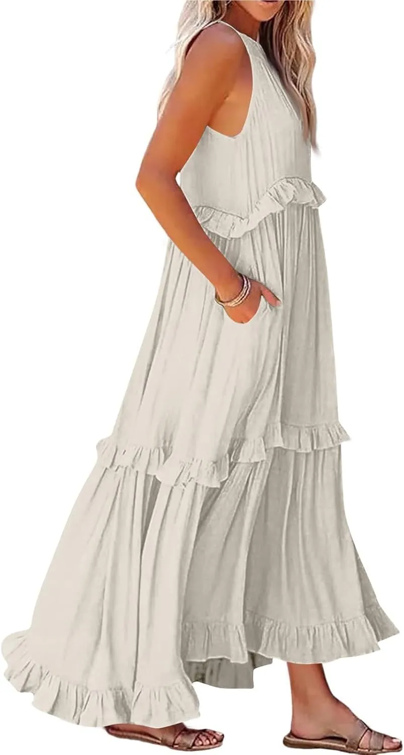 Smocked Dress Women Summer Sleeveless Tank Halter Tie Back Loose Flowy Ruffle Tiered Maxi Dress with Pockets