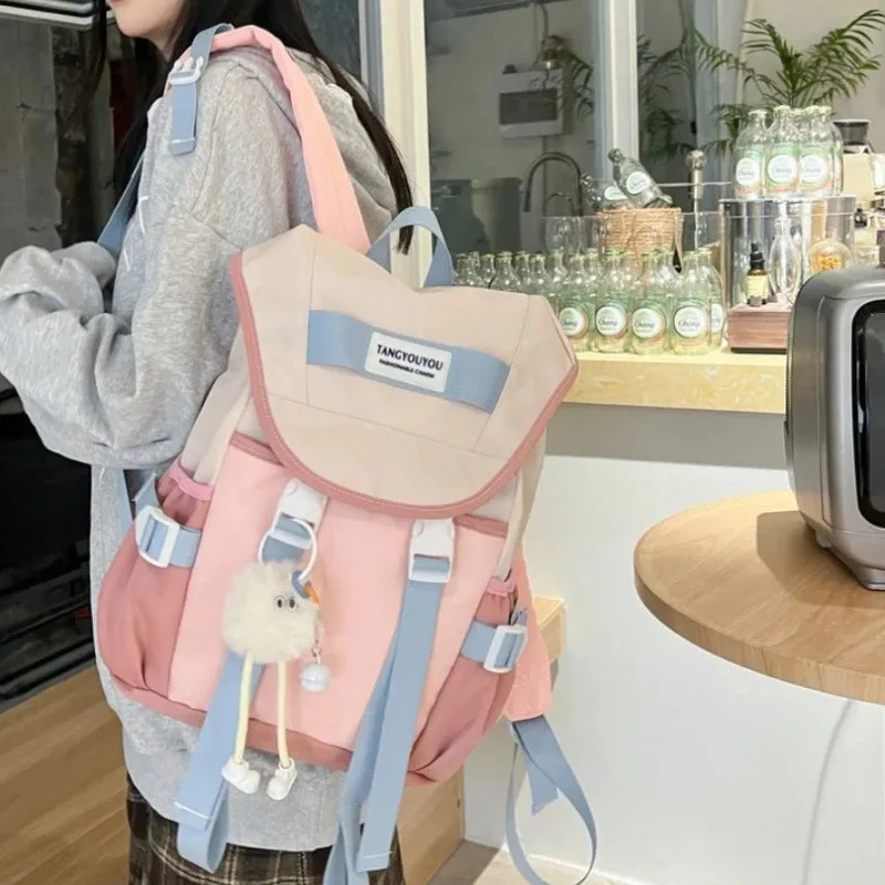 Sohiwoo Zipper Nylon High Aesthetic Youth Backpacks Simple and Lightweight Contrasting Color School Bags Niche Design Hiking Travel Bag