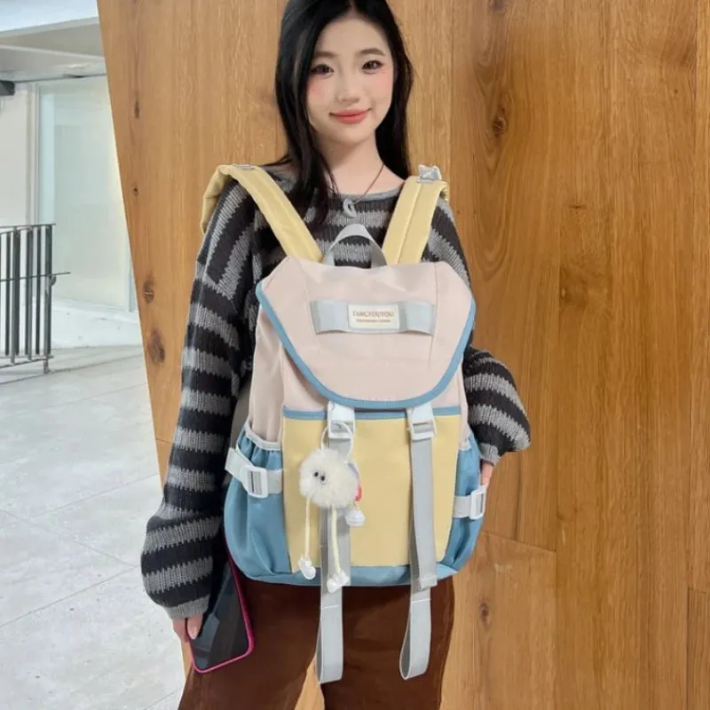 Sohiwoo Zipper Nylon High Aesthetic Youth Backpacks Simple and Lightweight Contrasting Color School Bags Niche Design Hiking Travel Bag