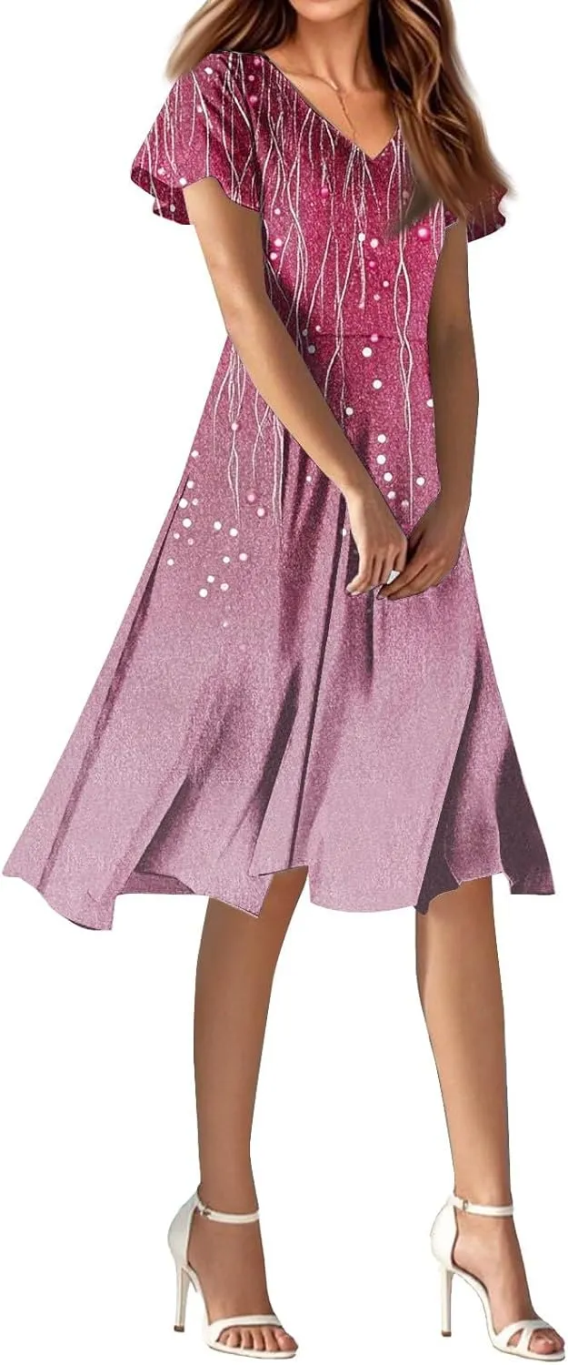 Spring Boho Dresses for Women 2025Semi Formales for Wedding Guest,Chiffon Midi Dress Below The Knee Length Dressess