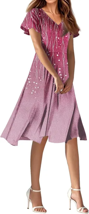 Spring Boho Dresses for Women 2025Semi Formales for Wedding Guest,Chiffon Midi Dress Below The Knee Length Dressess