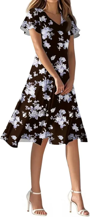 Spring Boho Dresses for Women 2025Semi Formales for Wedding Guest,Chiffon Midi Dress Below The Knee Length Dressess
