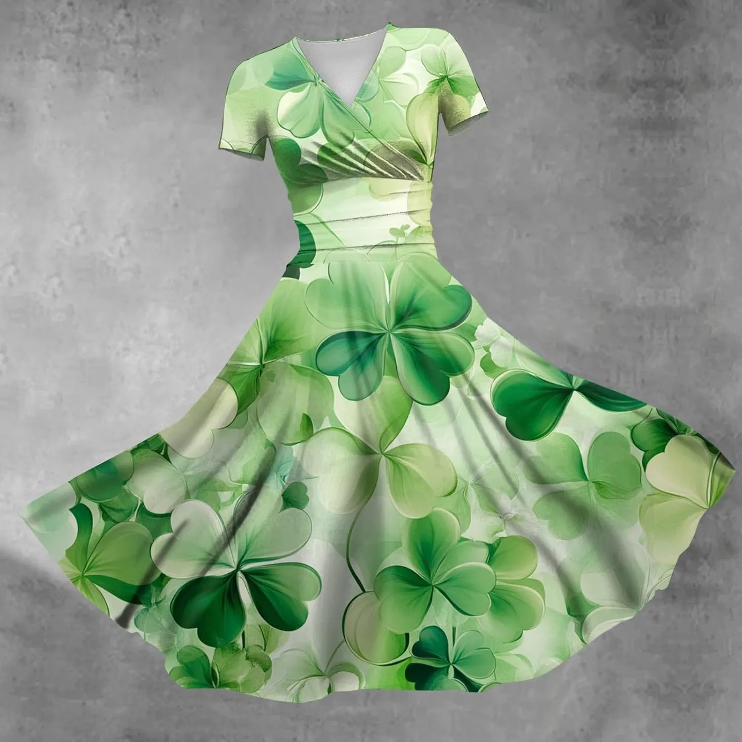 St Patrick's Day Dress Ladies Loose Short Sleeve V Neck Princess Pulled Ruffle Waist Drawstring Shamrock Print Dresses