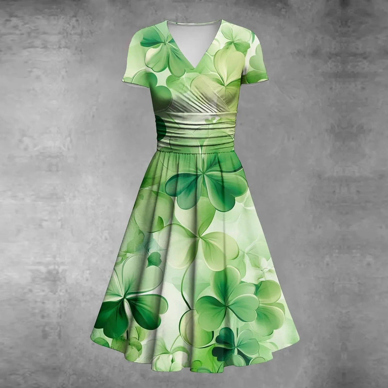 St Patrick's Day Dress Ladies Loose Short Sleeve V Neck Princess Pulled Ruffle Waist Drawstring Shamrock Print Dresses