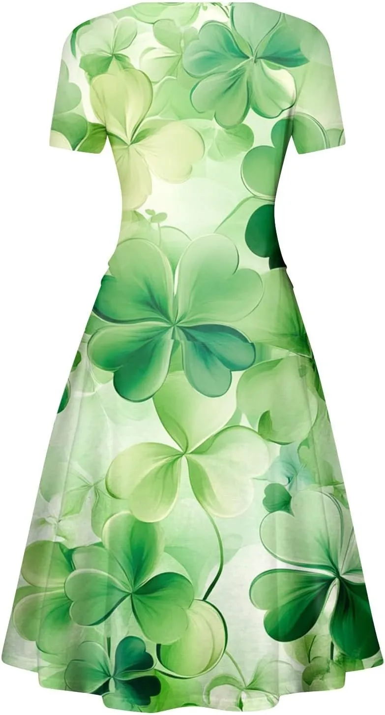 St Patrick's Day Dress Ladies Loose Short Sleeve V Neck Princess Pulled Ruffle Waist Drawstring Shamrock Print Dresses