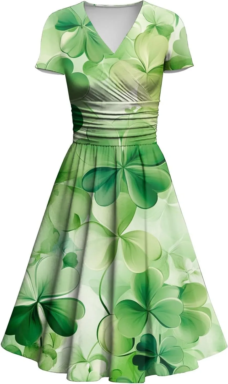 St Patrick's Day Dress Ladies Loose Short Sleeve V Neck Princess Pulled Ruffle Waist Drawstring Shamrock Print Dresses