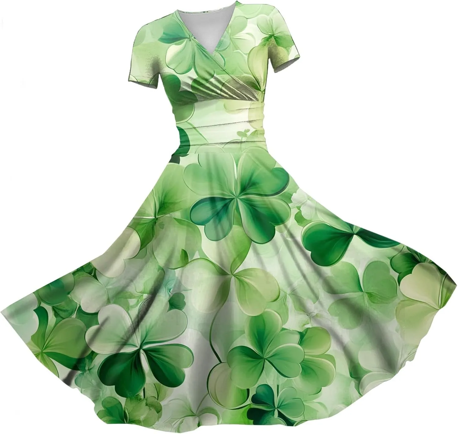 St Patrick's Day Dress Ladies Loose Short Sleeve V Neck Princess Pulled Ruffle Waist Drawstring Shamrock Print Dresses