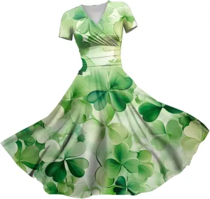 St Patrick's Day Dress Ladies Loose Short Sleeve V Neck Princess Pulled Ruffle Waist Drawstring Shamrock Print Dresses