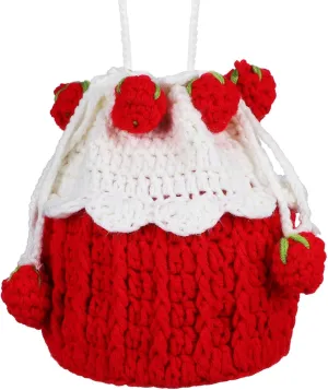 Strawberry Drawstring Purse Knitting Bucket Bag Cute Purse Crossbody Handbag Strawberry Bag