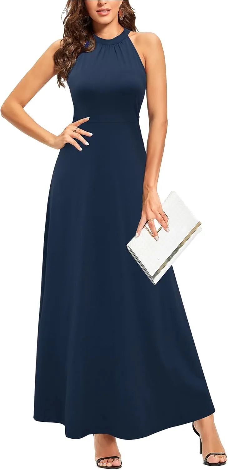 STYLEWORD Women's Summer 2025 Maxi Dress Floral Halter Neck Sexy Party Wedding Guest Long Formal Dress