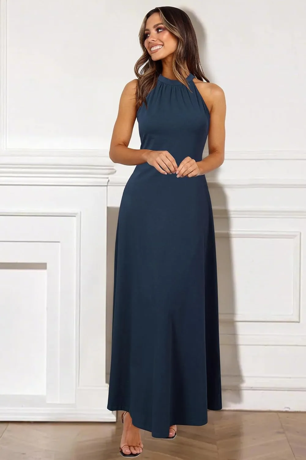 STYLEWORD Women's Summer 2025 Maxi Dress Floral Halter Neck Sexy Party Wedding Guest Long Formal Dress