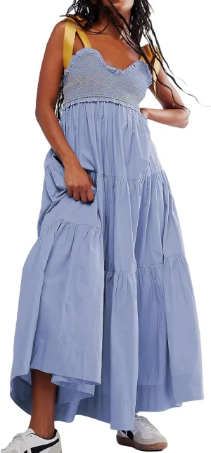 Summer Boho Tie Shoulder Dress for Women 2025 Y2k Sleeveless Floral Smocked Tiered Flowy Maxi Dress Beach Sundress