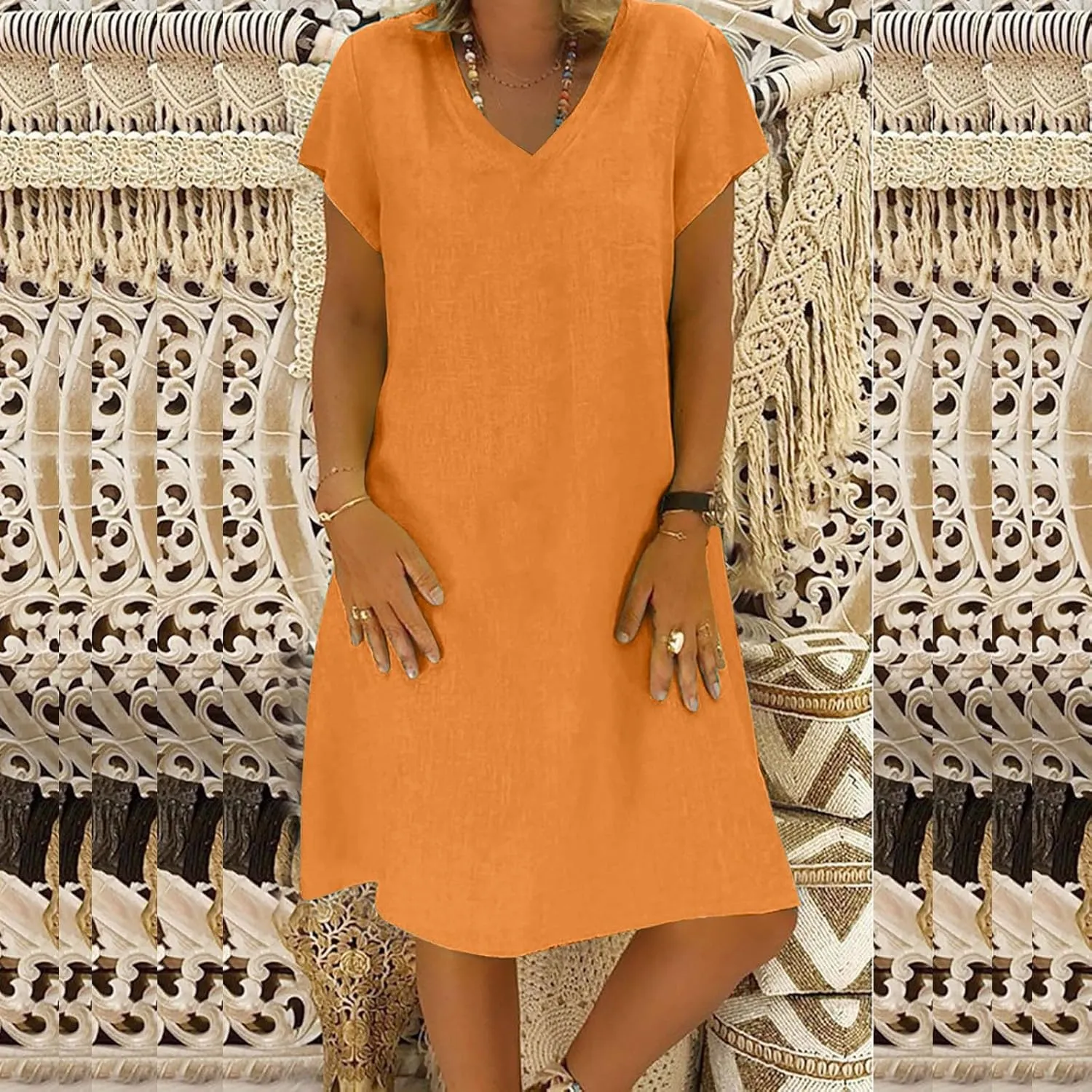Summer Cotton Linen Dresses Women 2025 Casual Solid V Neck Short Sleeve Dress Slim Beach Vacation Knee Length Dresses