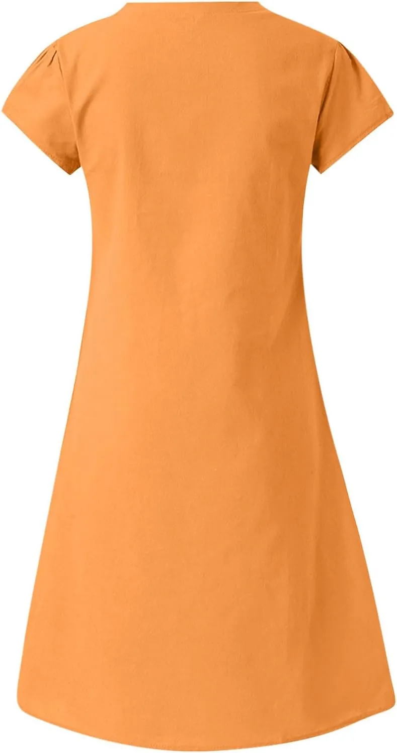 Summer Cotton Linen Dresses Women 2025 Casual Solid V Neck Short Sleeve Dress Slim Beach Vacation Knee Length Dresses