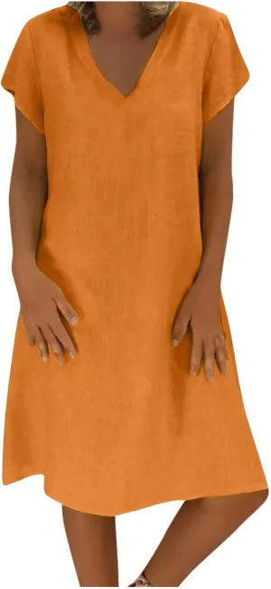 Summer Cotton Linen Dresses Women 2025 Casual Solid V Neck Short Sleeve Dress Slim Beach Vacation Knee Length Dresses
