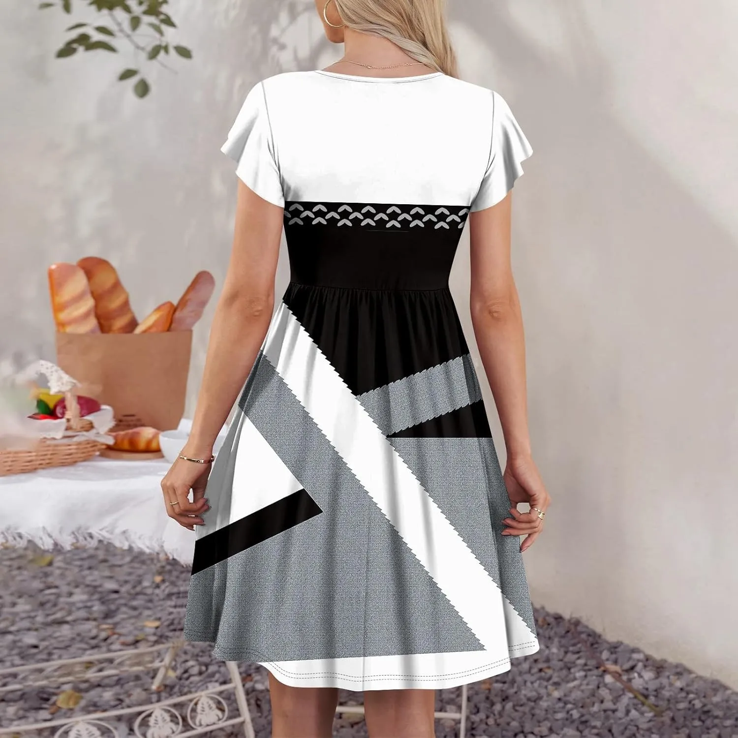Summer Dresses for Women 2024 Round Neck Summer Fly Sleeve Casual Printed Loose Button Pocket Midi Dresses
