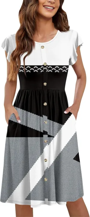 Summer Dresses for Women 2024 Round Neck Summer Fly Sleeve Casual Printed Loose Button Pocket Midi Dresses