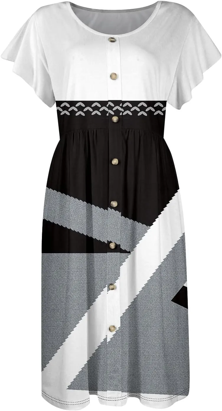 Summer Dresses for Women 2024 Round Neck Summer Fly Sleeve Casual Printed Loose Button Pocket Midi Dresses