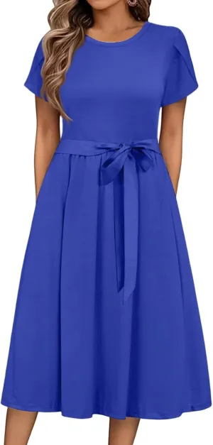 Summer Dresses for Women 2025 Casual Short Sleeve Midi Dresses with Belt Floral Print Aline Dress Beach Sundresses