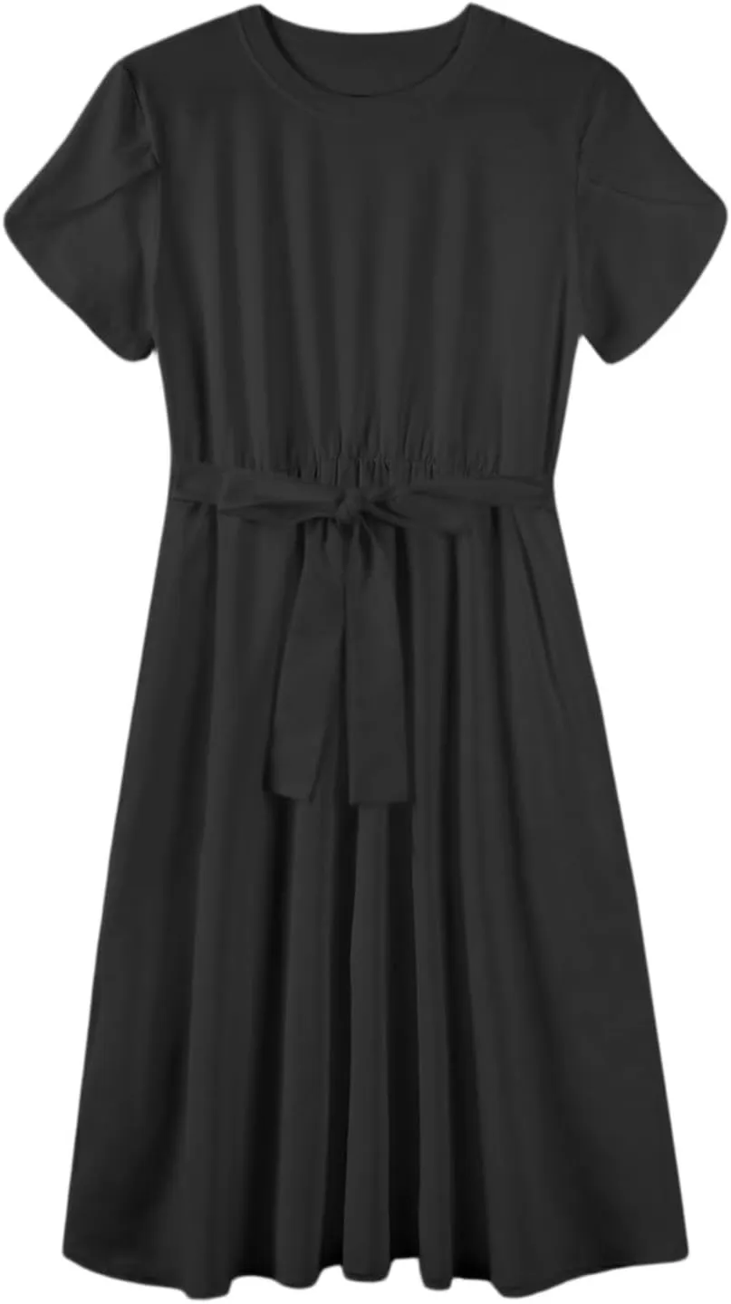 Summer Dresses for Women 2025 Casual Short Sleeve Midi Dresses with Belt Floral Print Aline Dress Beach Sundresses