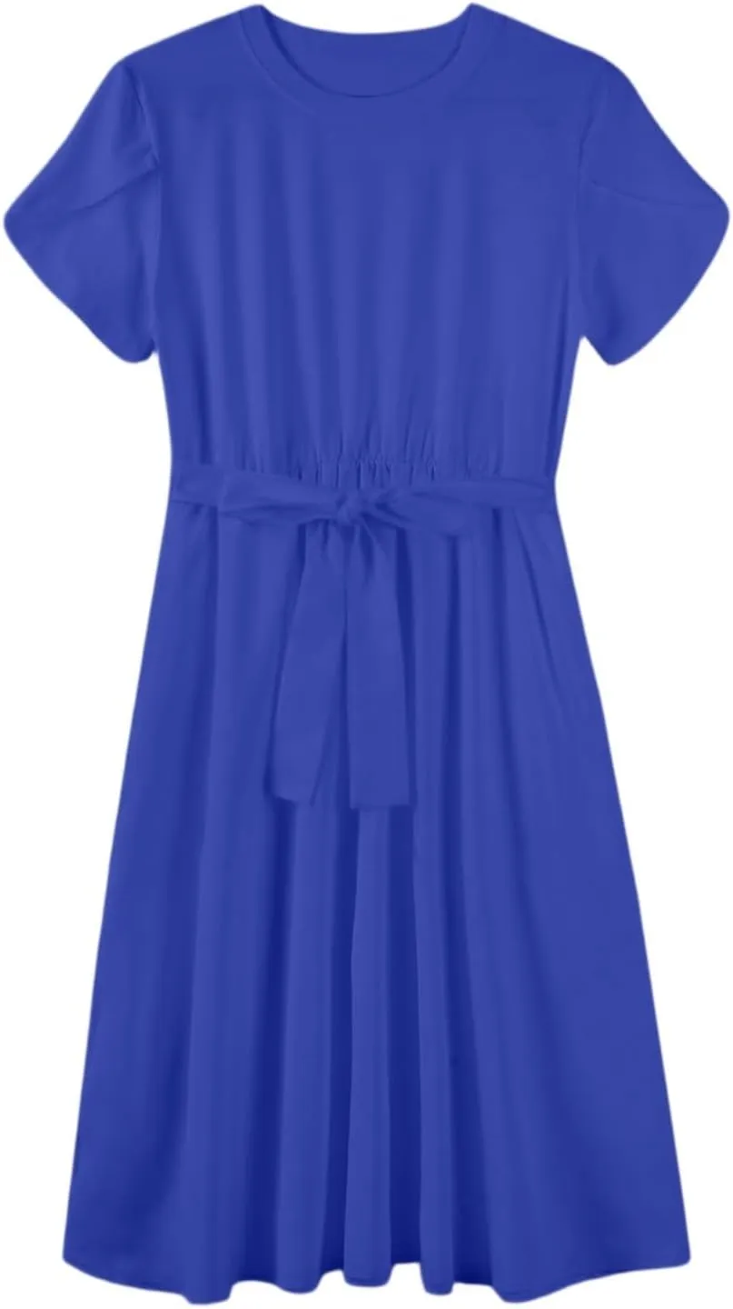 Summer Dresses for Women 2025 Casual Short Sleeve Midi Dresses with Belt Floral Print Aline Dress Beach Sundresses