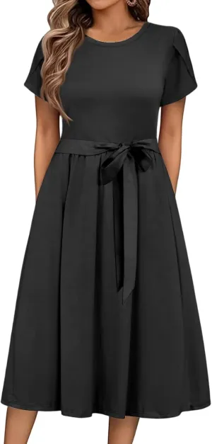 Summer Dresses for Women 2025 Casual Short Sleeve Midi Dresses with Belt Floral Print Aline Dress Beach Sundresses