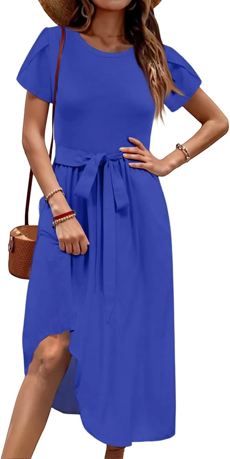 Summer Dresses for Women 2025 Casual Short Sleeve Midi Dresses with Belt Floral Print Aline Dress Beach Sundresses