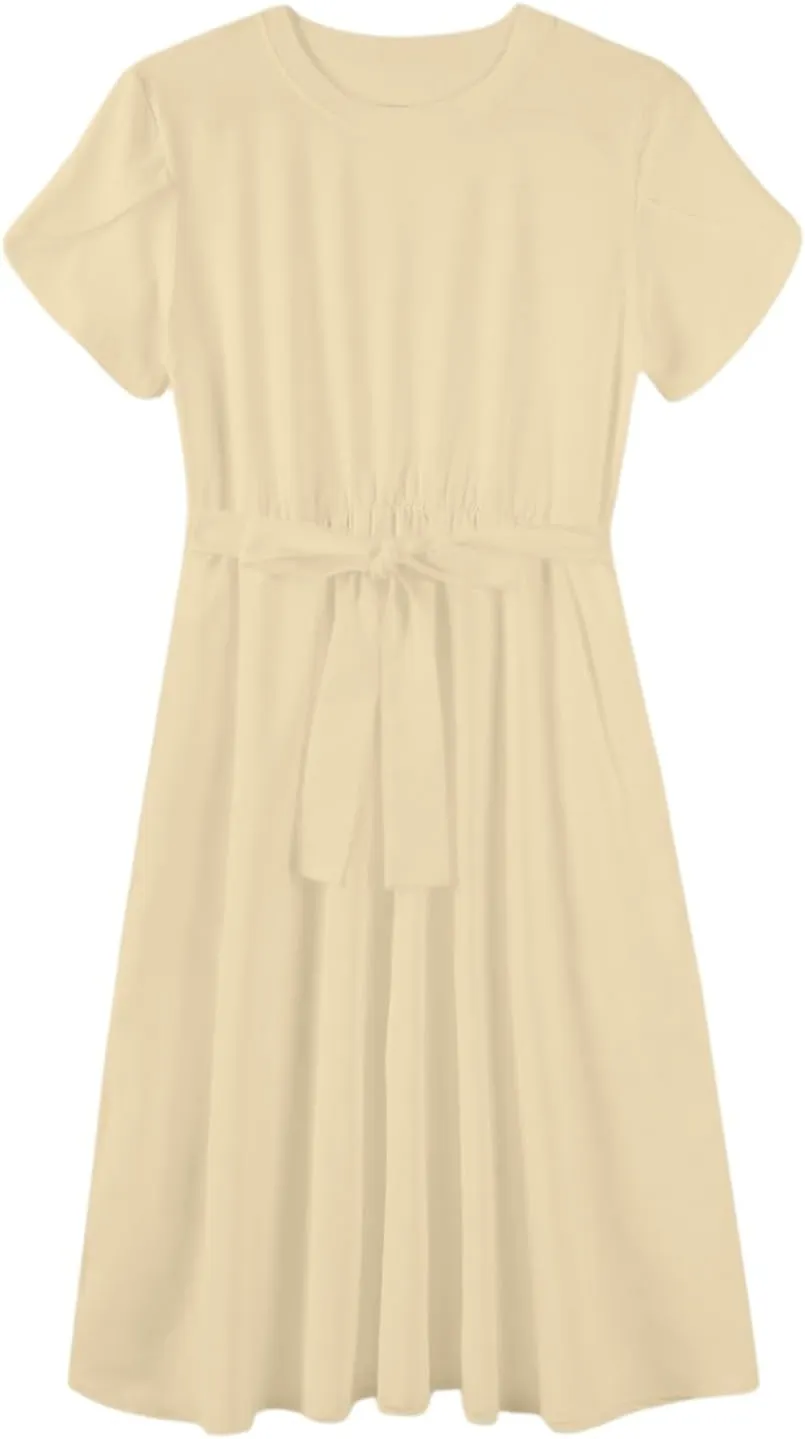 Summer Dresses for Women 2025 Casual Short Sleeve Midi Dresses with Belt Floral Print Aline Dress Beach Sundresses