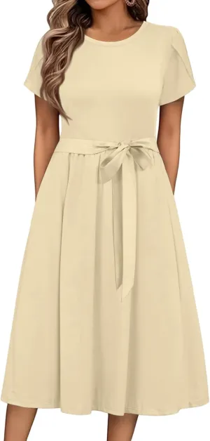 Summer Dresses for Women 2025 Casual Short Sleeve Midi Dresses with Belt Floral Print Aline Dress Beach Sundresses
