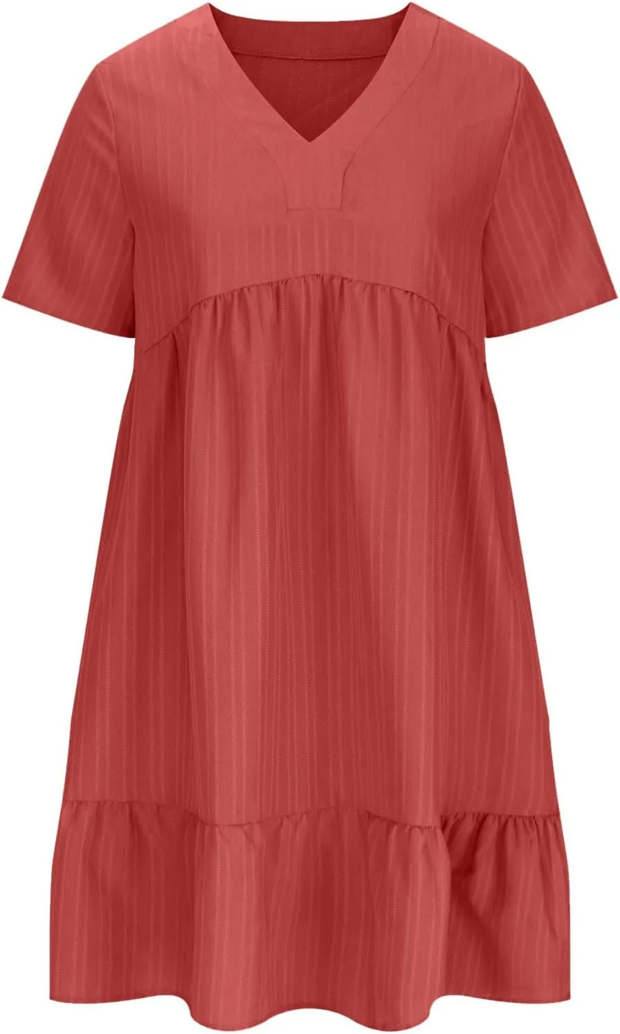 Summer Dresses for Women 2025 Casual Short Sleeve V Neck Sundress Ruffle Hem Smocked Swing Mini Dress Resort Wear