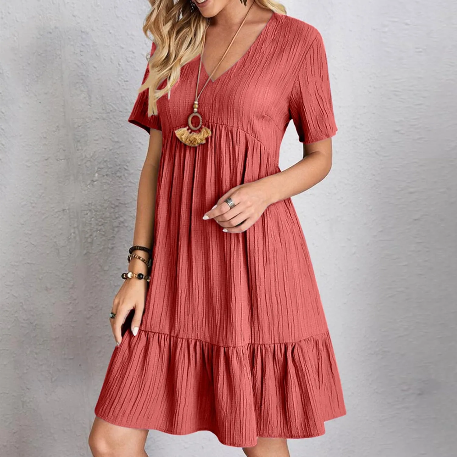 Summer Dresses for Women 2025 Casual Short Sleeve V Neck Sundress Ruffle Hem Smocked Swing Mini Dress Resort Wear