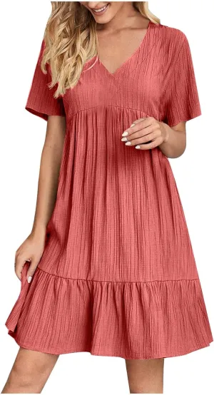 Summer Dresses for Women 2025 Casual Short Sleeve V Neck Sundress Ruffle Hem Smocked Swing Mini Dress Resort Wear