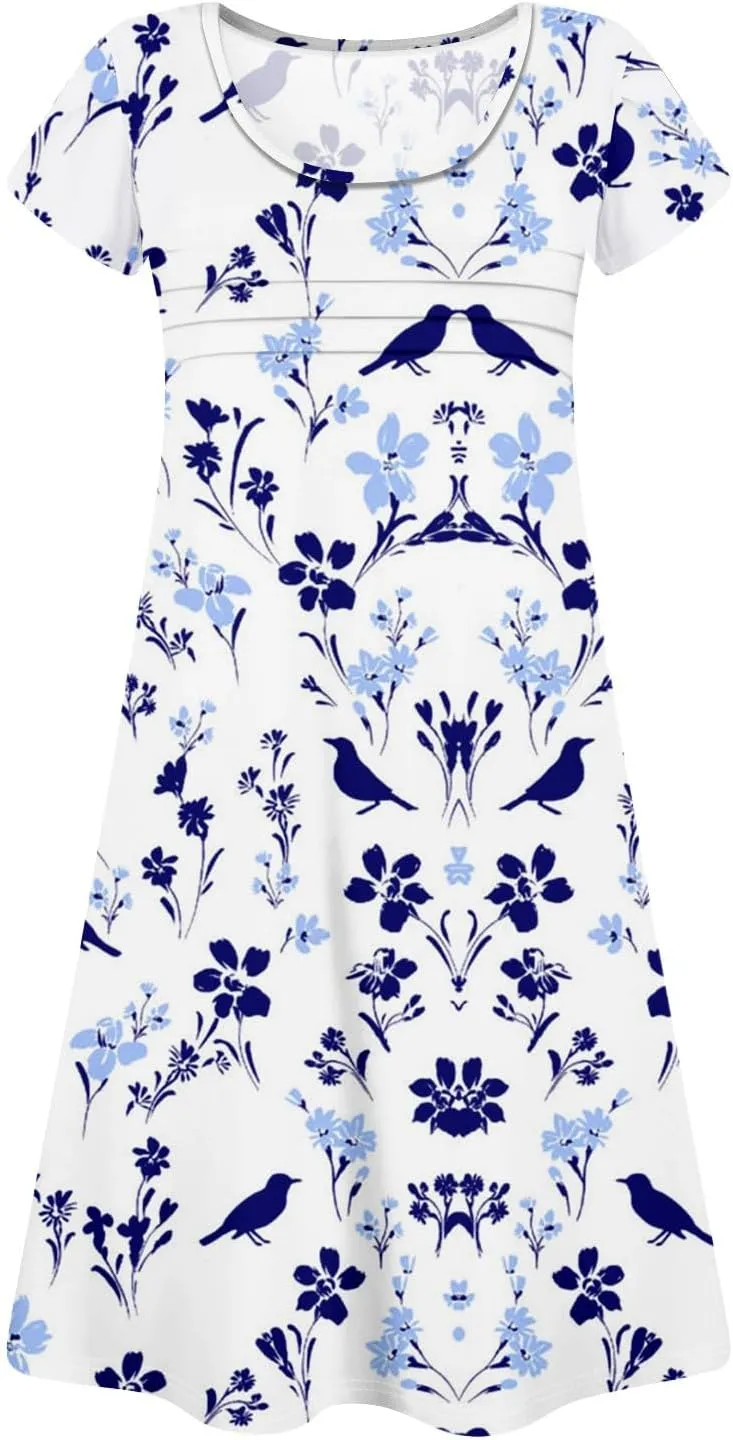 Summer Dresses for Women 2025 Crew Neck Floral Short Sleeve Dress Casual T Shirt Dresses Pleated Front Beach Dress