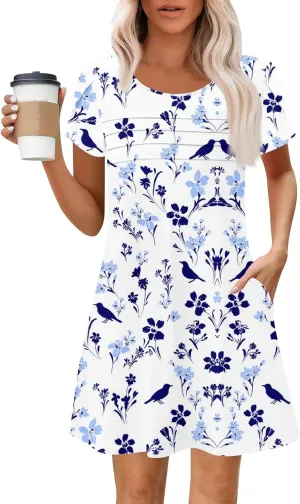Summer Dresses for Women 2025 Crew Neck Floral Short Sleeve Dress Casual T Shirt Dresses Pleated Front Beach Dress