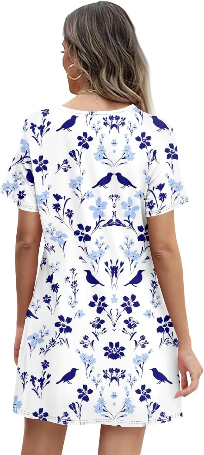 Summer Dresses for Women 2025 Crew Neck Floral Short Sleeve Dress Casual T Shirt Dresses Pleated Front Beach Dress