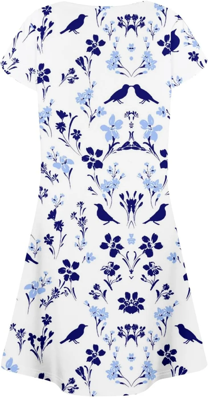 Summer Dresses for Women 2025 Crew Neck Floral Short Sleeve Dress Casual T Shirt Dresses Pleated Front Beach Dress