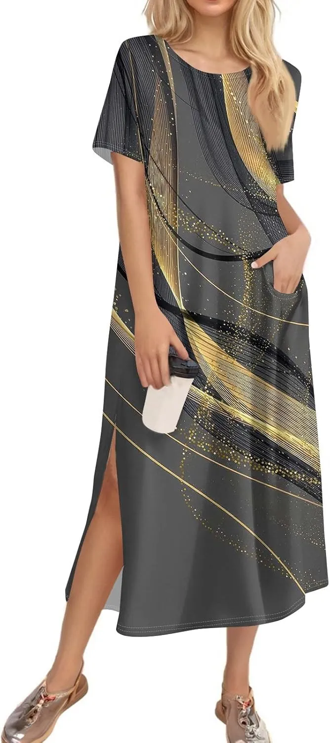 Summer Dresses for Women 2025 Crew Neck Short Sleeve Long Dresses for Women Trendy Clothes Flowy Skirt Sundress